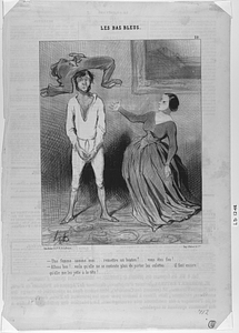 - Une femme comme moi .... remettre un bouton ?... vous êtes fou!... - Allons bon!... voilà qu'elle ne se contente plus de porter les culottes... il faut encore qu'elle me les jette à la tête!...