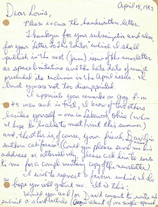 Correspondence from Rupert Raj to Lou Sullivan (April 18, 1982)