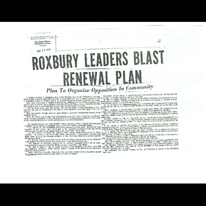 Photocopy of Bay State Banner article, Roxbury leaders blast renewal plan