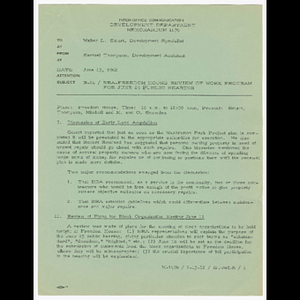 Memorandum from Samuel Thompson to Walter L. Smart about Boston Redevelopment Authority (BRA) Freedom House review of work program for June 25 public hearing