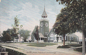 Postcard depicting First Church and parsonage