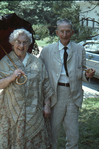 Ella and Arthur E. Rosenburg in period dress at the Moon Barn Raising at entrance to Hopkins Forest on 2 August 1975.