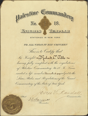 Life membership certificate issued to Richard L. Gibbs, 1910 November 2
