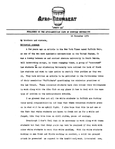 1971 issue of the Afro-Drumbeat newsletter published by Suffolk University's Afro-American club
