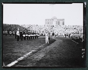 View of marching band on football field