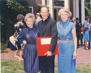 Monan, J. Donald at Harvard commencement receiving honorary degree with Helen Smith and Peg Dwyer