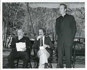 Robsham Theatre exterior: groundbreaking, J. Donald Monan and two unidentified men