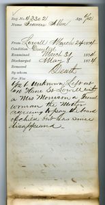 Tewksbury Almshouse Intake Record: Allen, Frances