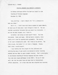 Foreign Languages and America's Interests: An Address deleivered before the American Council on the Teaching of Foreign Languages