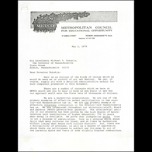 Letter, Gov. Michael S. Dukakis, May 1, 1978.