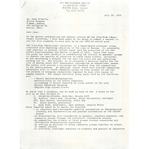 Letter, Action Program, July 16, 1973.
