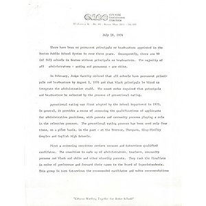 Memo from Citywide Educational Coalition, July 19, 1976.