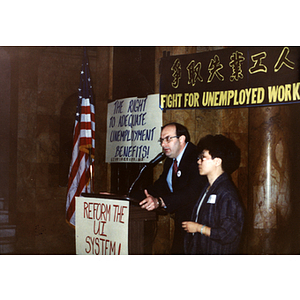 Speaker at unemployment insurance rally