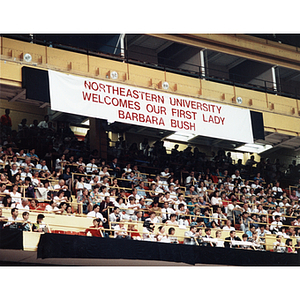 Sign welcoming Barbara Bush at the Spring 1991 commencement ceremony