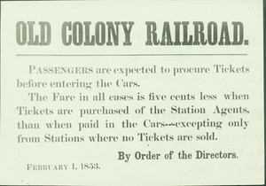 Old Colony Railroad notice, location unknown, February 1, 1853