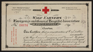 Membership card for the Wage Earners Emergency and General Hospital Association Cooperative, 142 Kingston Street, Boston, Mass., dated January 5, 1900