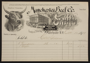 Billhead for the Manchester Beef Co., commission merchants in Swift's Western Dressed Beef, mutton lamb, veal tongues, tripe, Franklin & Cedar Streets, Manchester, New Hampshire, dated October 10, 1894