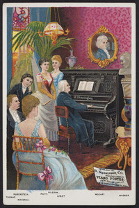 Trade card for the B. Shoninger Co., manufacturers of piano fortes, 511 & 513 Chapel Street, New Haven, Connecticut and 215 State Street, Chicago, Illinois, undated