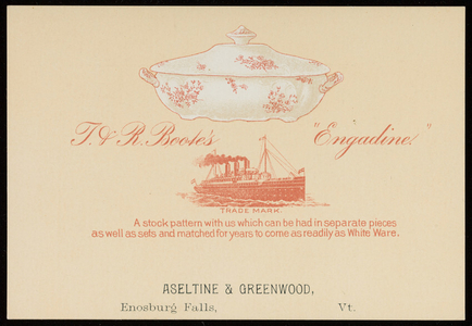 Trade card for Aseltine & Greenwood, dealers in dry goods, groceries, boots and shoes, crockery, glassware and china, Enosburg Falls, Vermont, 1895