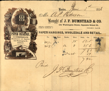Billhead for J.F. Bumstead & Son, paper hangings wholesale and retail, 134 Washington Street, opposite school Street, Boston, Mass., dated June 3, 1856