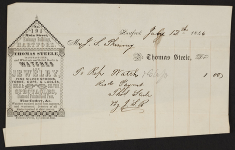 Billhead for Thomas Steele, watches and jewelry, 195 Main Street, Hartford, Connecticut, dated July 12, 1846