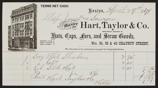 Billhead for Hart, Taylor & Co., hats, caps, furs, and straw goods, Nos. 36, 38 & 40 Chauncy Street, Boston, Mass., dated April 29, 1871