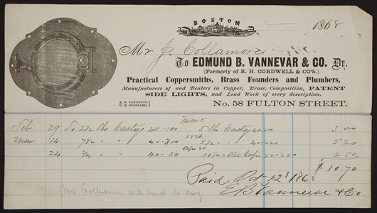 Billhead for Edmund B. Vannevar & Co., practical coppersmiths, brass founders and plumbers, No. 58 Fulton Street, Boston, Mass., dated 1868
