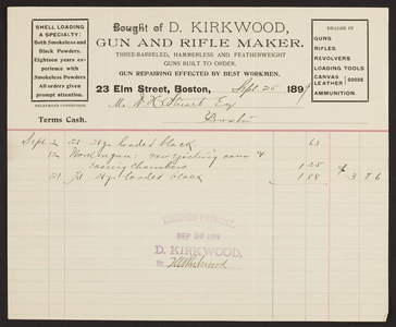 Billhead for D. Kirkwood, gun and rifle maker, 23 Elm Street, Boston, Mass., dated September 25, 1899