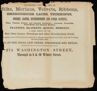 Circular for [Kinmonth & Co.], importers & dealers in silks, merinos, velvets, ribbons, 275 Washington through to 8 & 10 Winter Streets, Boston, Mass.