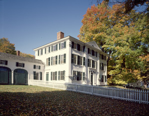 Exterior view of facade and carriage house, fall, Barrett House, New Ipswich, N.H.