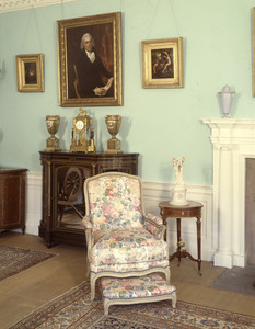 Drawing Room showing pictures and partial fireplace, Codman House, Lincoln, Mass.