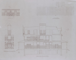 Sections, longitudinal and transverse; elevation, room-end; diagram of floor, hall for Holbrook Hall, Newton Center, Mass., undated