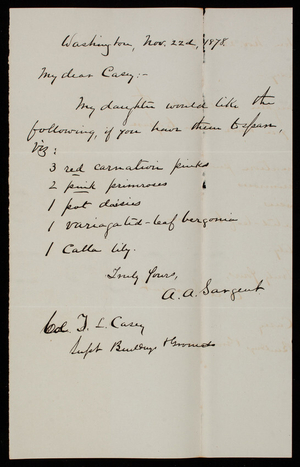 A. A. Sargent to Thomas Lincoln Casey, November 22, 1878