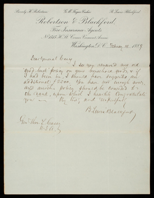 B. Lewis Blackford to Thomas Lincoln Casey, February 14, 1889