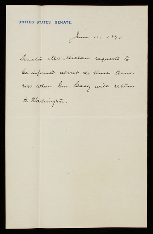 Senator James McMillan to Thomas Lincoln Casey, June 11, 1890