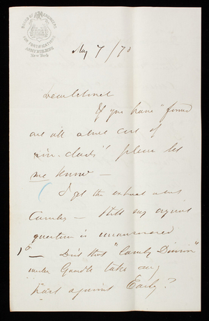 [John G.] Barnard to Thomas Lincoln Casey, May 7, 1870