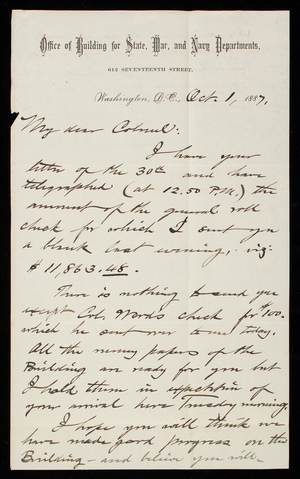 Bernard R. Green to Thomas Lincoln Casey, October 1, 1887
