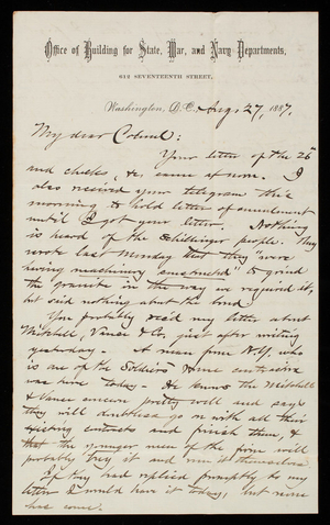 Bernard R. Green to Thomas Lincoln Casey, August 27, 1887