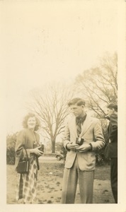 Candid photograph of former students, Phyllis Aldrick, class of 1949, and David Stratford, class of 1948, New Salem Academy