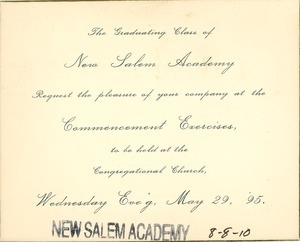 Invitation for Bessie Berry to the New Salem Academy commencement exercises