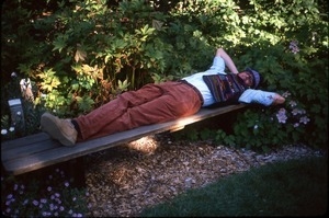 Mark Sommer on bench at Mendocino Coast Botanical Gardens