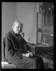 Arvilla Sarepta Haynes, America's oldest telephone operator, at the switchboard