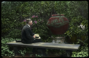 Cleveland (man sitting in garden, old terra cotta urn, stone bench, ferns, violets and rhododendrons)