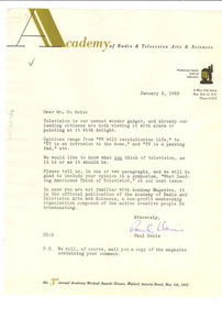 Letter from Academy of Radio & Television Arts & Sciences to W. E. B. Du Bois