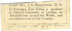 Notes on the visit of Prince Rev. J. E. Blayechettai, D. D.
