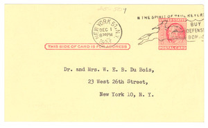 Postcard from American Academy of Arts and Letters to W. E. B. Du Bois