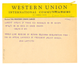 Telegram from World Peace Council to W. E. B. Du Bois