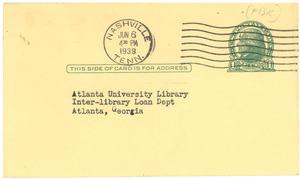Postcard from Fisk University Library to Atlanta University Library