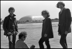 The Velvet Underground: (l.-r.) Lou Reed, Doug Yule, Maureen Tucker, and Sterling Morrison, posing by the Charles River