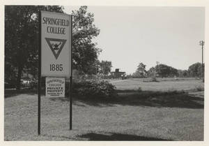 A Springfield College Sign next to the athletics fields, ca. 1979